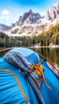 Mountain lake camping backpack gear view