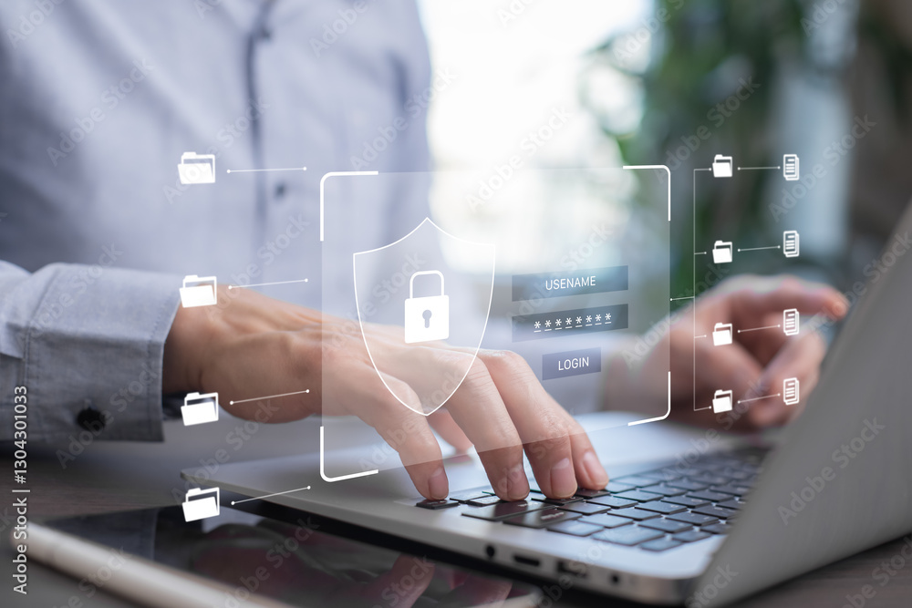 Poster cyber security and security password login online concept hands typing and entering username and pas