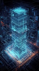 Digital Cityscape: A futuristic cityscape is illuminated by a digital glow, with intricate lines and a focus on a singular, dominant structure.