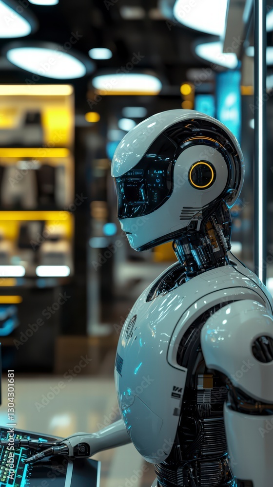 Poster cybernetic explorer: an advanced humanoid robot, gleaming with futuristic design, navigates a digita