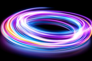 Neon light trails swirl on black background