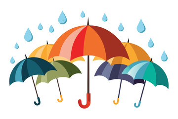 Umbrella and raindrops 3d icon. Colorful rain umbrellas. Vector illustration. Isolated ona  white background.