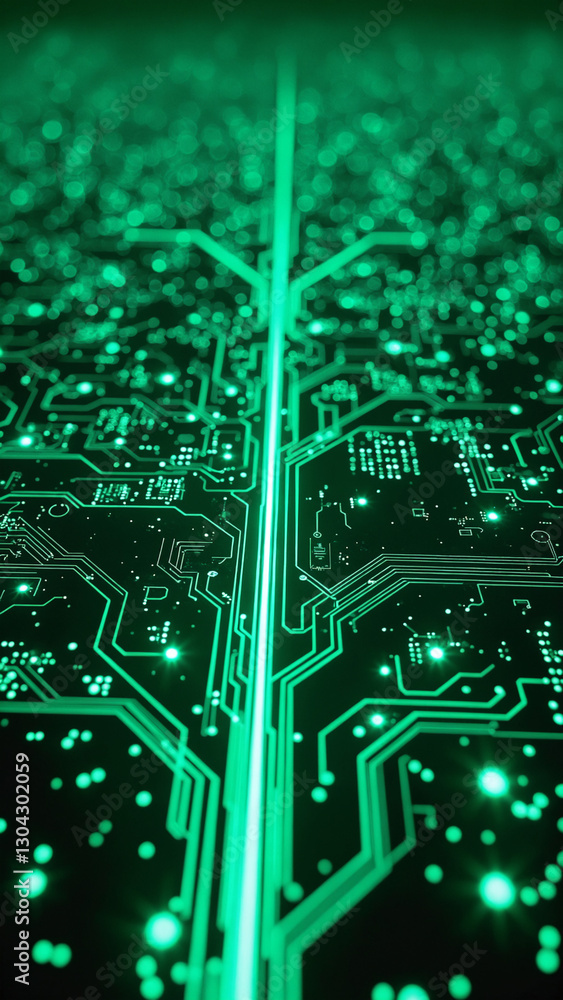 Poster abstract green digital circuit board with glowing connections