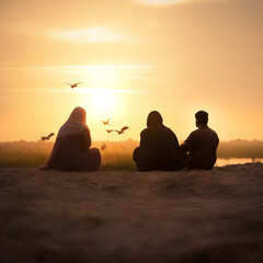Silhouette of Three People Watching Sunset by Lake