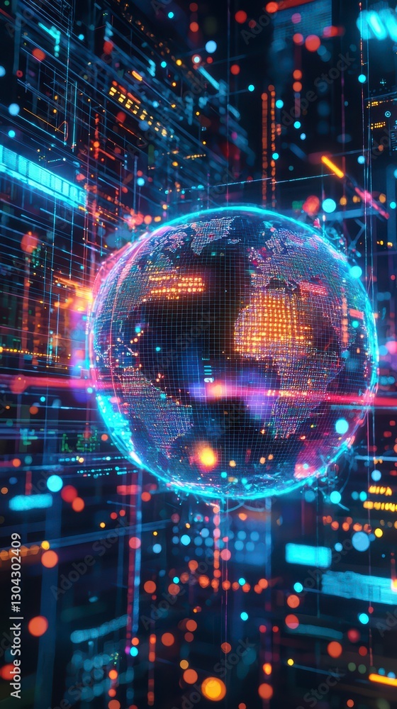 Poster digital world: an awe-inspiring, high-tech representation of the globe, interwoven with lines and da