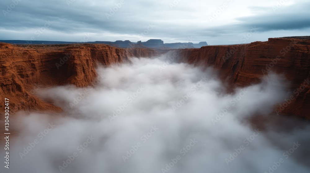 Poster this captivating image presents fog gently rolling through rugged canyons, creating an ethereal atmo