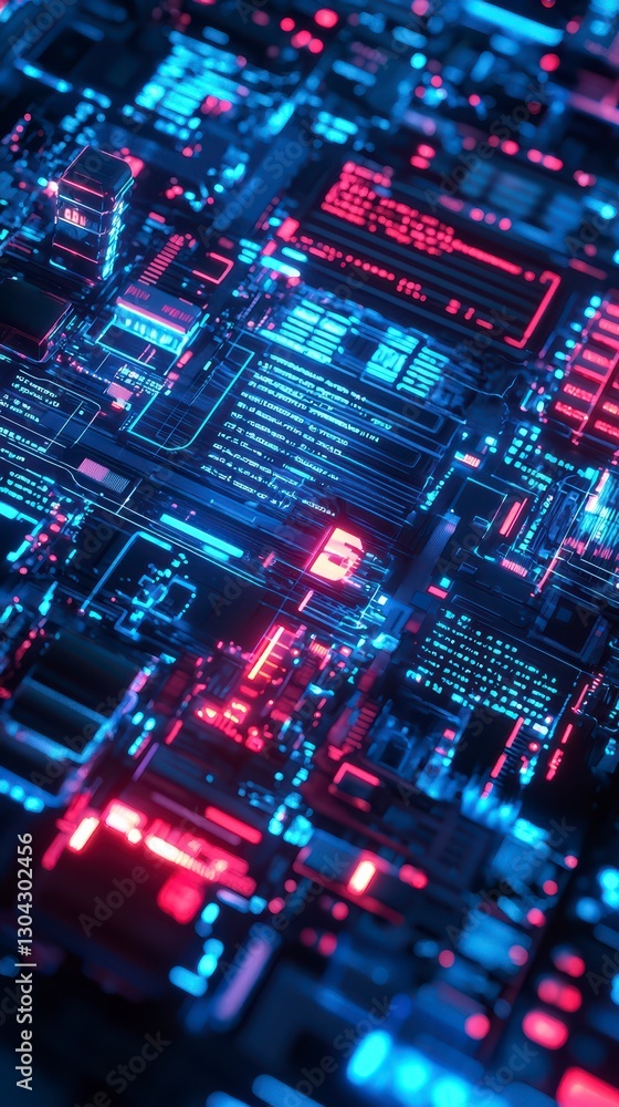 Poster digital circuitry: high-tech circuit board with intricate patterns glowing in vivid neon colors, cap