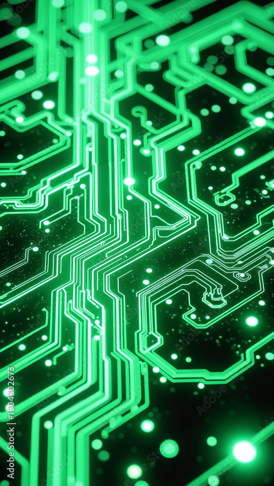 Poster abstract green digital circuit board with glowing connections