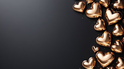 A captivating collection of golden hearts against a dark backdrop, symbolizing love and introspection, creating a dramatic and romantic atmosphere in a contemporary artistic context.