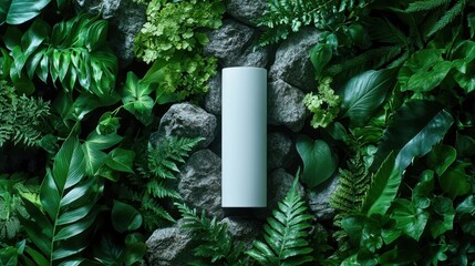 A pristine white tube, its sleek form accentuated by the rough textures of natural rocks, nestled amidst a tableau of verdant foliage, providing a versatile backdrop for product mockups.