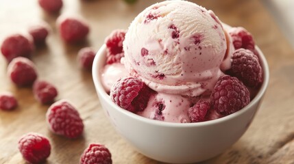 A creamy embrace of vanilla and raspberry, studded with plump, juicy fresh berries, a symphony of sweet flavors in every scoop.