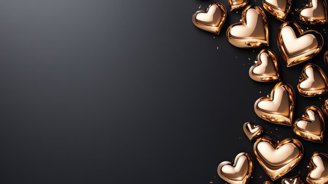 A captivating collection of golden hearts against a dark backdrop, symbolizing love and introspection, creating a dramatic and romantic atmosphere in a contemporary artistic context.