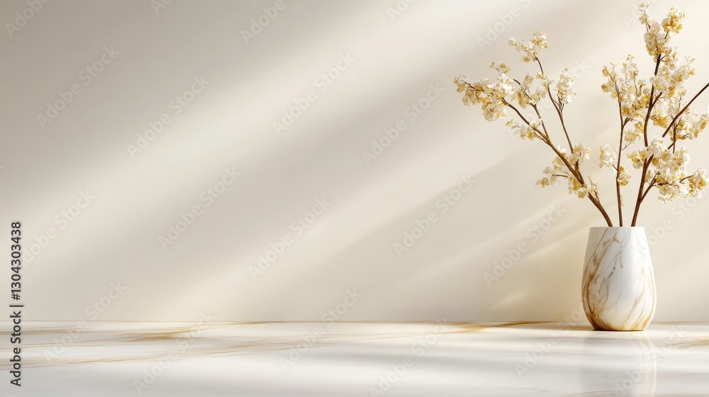 Poster an artistic display featuring a striking white vase showcasing delicate flowers, enhanced by soft sh