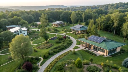 Eco Friendly Modern Houses in a Lush Green Landscape Aerial View