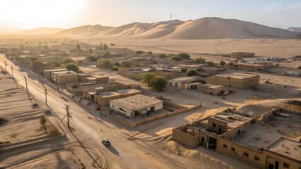 Aerial View of Desert Village Road and Sand Dunes at Sunrise