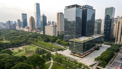 Modern Cityscape Green Park beside Tall Skyscrapers Aerial View of Urban Oasis © kumchoo