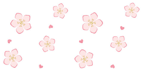 Soft pink flowers with five petals and small hearts with a glitter texture on a white background. Floral endless texture. Vector seamless pattern for greeting card, giftwrap, surface texture, printing