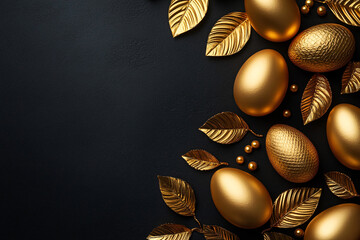 Fototapeta premium Elegant still life featuring golden eggs and metallic leaves on a matte black background, ideal for Easter celebrations, luxury design templates, and festive events.