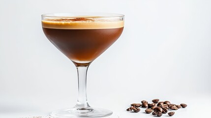 A well-presented gourmet coffee cocktail in a stylish glass, accentuated by coffee beans, representing fine taste and creativity in drink preparation for discerning palates.