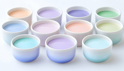 Pastel-colored drinks in small bowls on white background