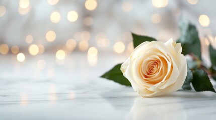 This image showcases a beautiful cream rose lying on a marble surface, surrounded by soft bokeh lights that create a serene and romantic atmosphere.