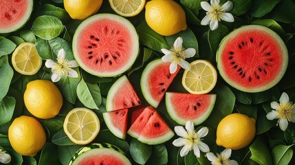 A vibrant tableau, where slices of watermelon, their flesh radiating a bright red luminescence, met their yellow lemon counterparts and a delicate cluster of white flowers, a symphony of colors