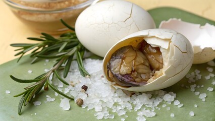 Delicious Balut Eggs Cracked Shells Seasoned with Salt and Rosemary