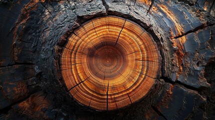 Fototapeta premium A slice through the heart of an ancient tree, revealing its intricate network of concentric rings, a testament to the passage of time and the resilience of nature.