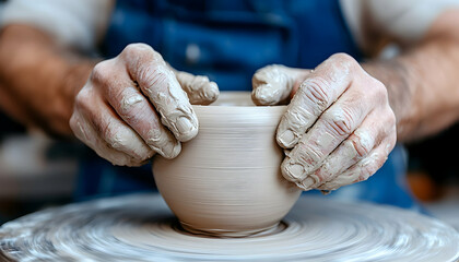 Potter's Hands Shaping Clay Bowl on Pottery Wheel