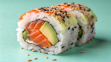 Delicious Salmon Avocado Sushi Rolls Topped with Sesame Seeds Ready to Eat