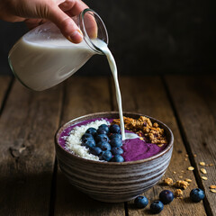 Healthy Breakfast Bowl with Granola, Blueberries, and Almond Milk