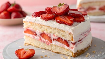 Delicious Strawberry Shortcake Slice with Cream Layers Fresh Homemade Dessert
