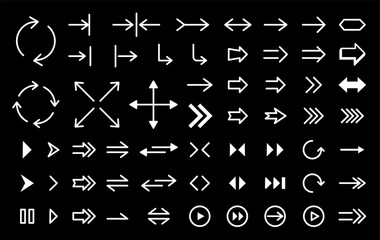 Arrow icons big set, modern arrows. Symbols for web design, applications, social networks. Set of pointers in different directions. Pause, rewind, swipe, stop, play icons. Load, download file symbol