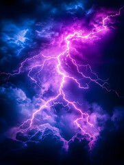 Purple lightning strike through dark stormy sky
