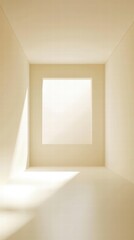 Fototapeta premium Serene Interior: A minimalist interior space bathed in soft natural light. A window forms a square against a light-toned walls. This inviting space evokes a sense of tranquility and order.