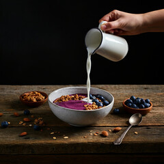 Healthy Breakfast Bowl with Granola, Blueberries, and Almond Milk