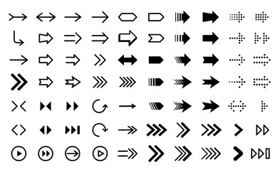 Set of arrows black icons. Circle arrows, rotate arrow, spinning loading symbol. Arrow icons with halftone gradient effect pointing. Dotted arrows, disappearing cursor effect. Vector Illustration