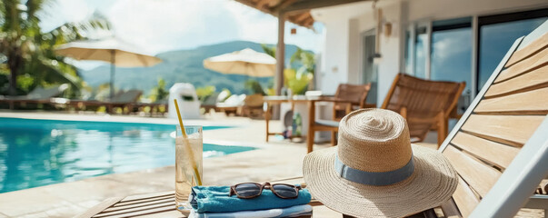 Relaxing Poolside Lounge with Straw Hat and Refreshing Drink
