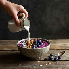 Healthy Breakfast Bowl with Granola, Blueberries, and Almond Milk