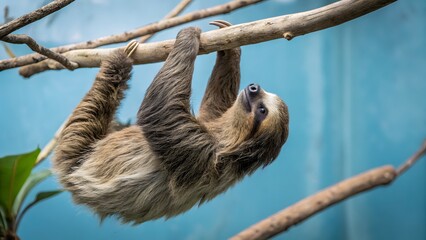 Fototapeta premium Adorable Three Toed Sloth Hanging Upside Down on a Branch Against a Blue Sky