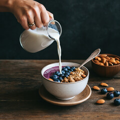 Healthy Breakfast Bowl with Granola, Blueberries, and Almond Milk