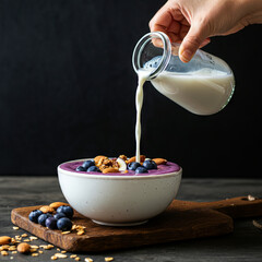 Healthy Breakfast Bowl with Granola, Blueberries, and Almond Milk