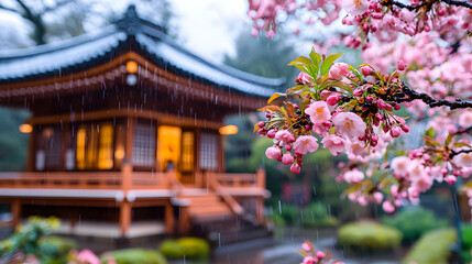 Rainy Spring Cherry Blossoms at Asian Pavilion