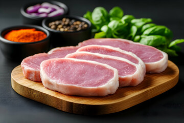 Raw pork chops on wooden board, herbs & spices