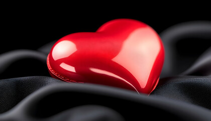 Red heart-shaped confection on black silk
