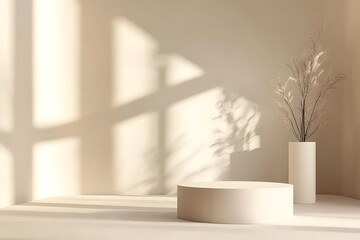 Minimalist Beige Room with Podium, Sunlight, and Dried Flowers