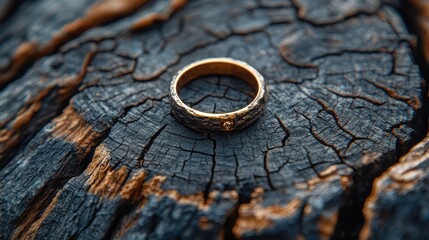 A glinting gold ring, a symbol of love and commitment, nestled amongst the weathered bark of an ancient tree stump, a testament to time and nature is artistry.