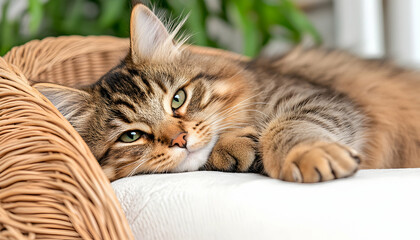 Naklejka premium Relaxed tabby cat lounging on wicker chair indoors