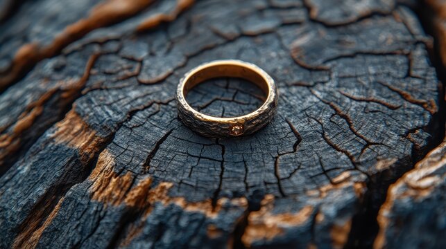 A glinting gold ring, a symbol of love and commitment, nestled amongst the weathered bark of an ancient tree stump, a testament to time and nature is artistry.