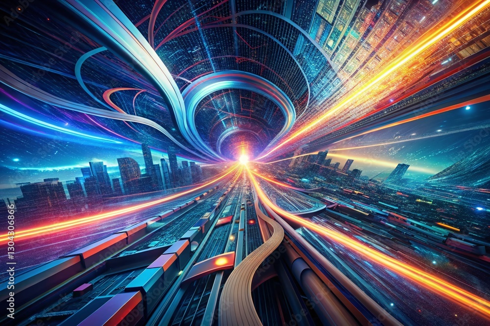 Poster abstract ai data stream panorama: woven lines & high-speed technology background
